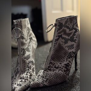 Venus White Grey Black Snakeskin Zip Front Stiletto Heel Boots